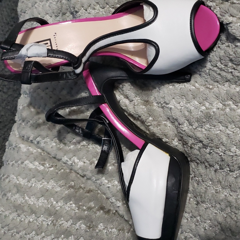 Sexy white/black/pink ankle strap heels